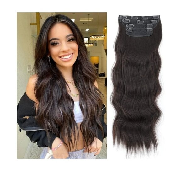 Vigorous Womens 24 Inch Dark Brown Hair Extensions Clip In 4Pcs Long Wavy Synth. - Picture 2 of 7
